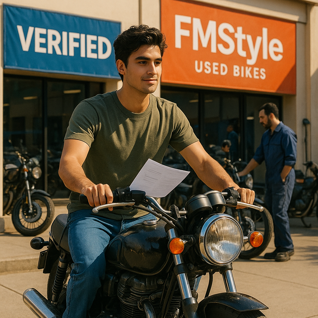 Homme testant une moto d'occasion avec inspection en 2025, guide d'achat FMStyle.